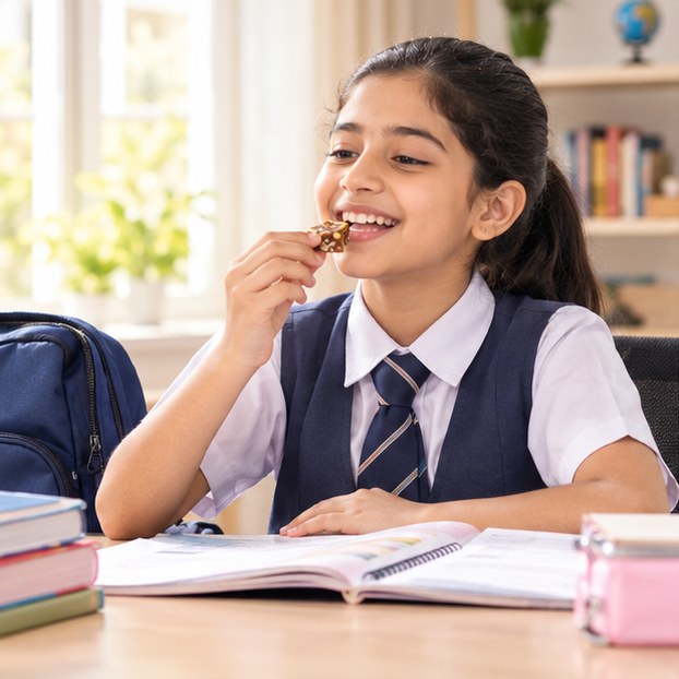 School student enjoying a Date Bite Sugar-free snack while studying