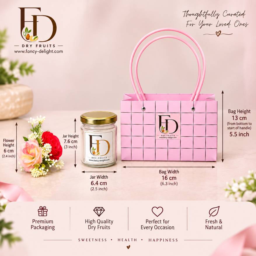 Pink bag with Gold lines, Dry Fruits Gift Hamper with almonds, salted cashews and raisins jars
